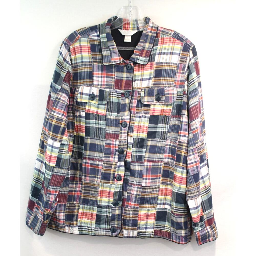CJ Banks Jacket Plaid Patchwork Womens size X/14W Blue Scallop Pocket Button Up